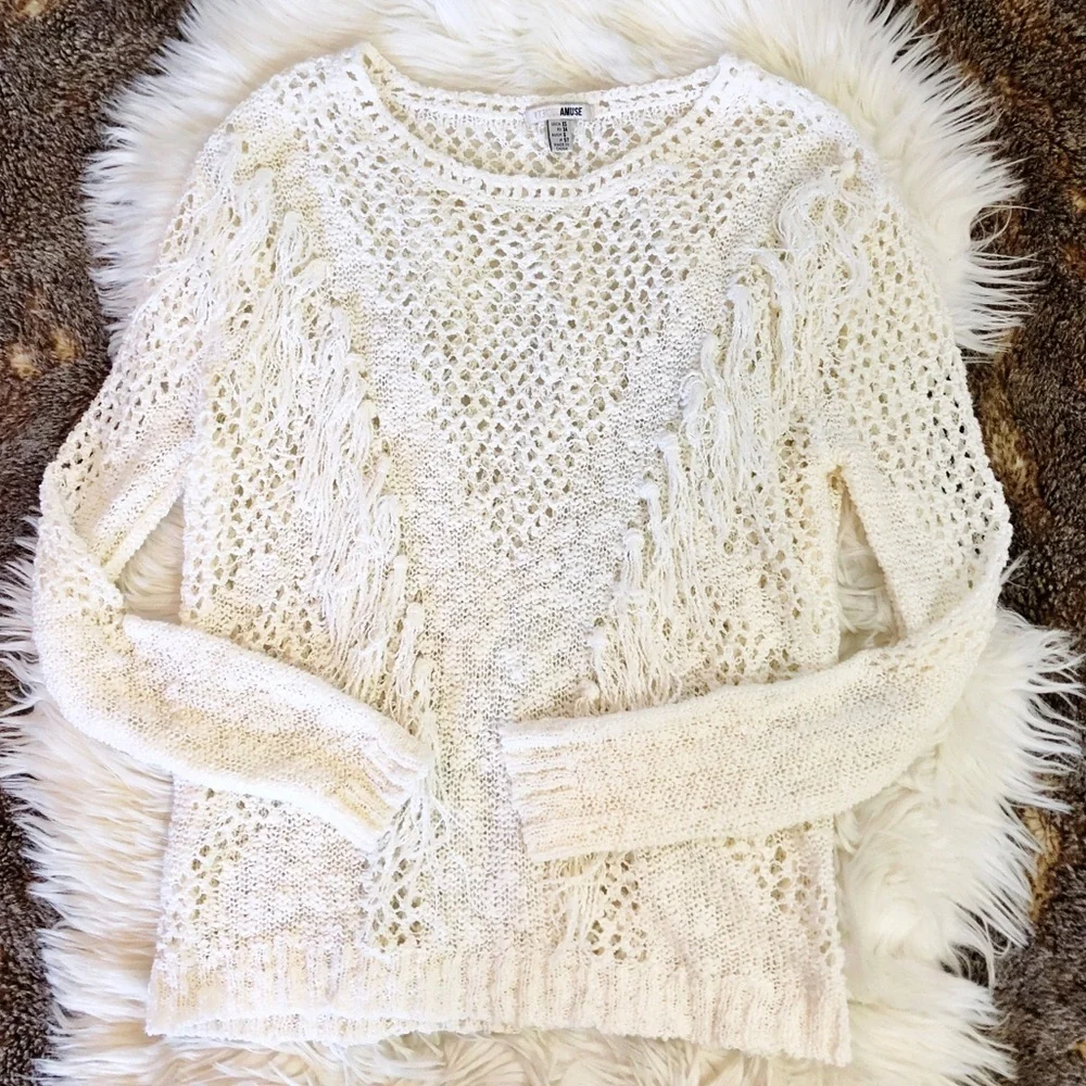 Amuse Society White Cream Boho Tassel Very Soft Open Weave Sweater Top